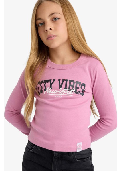 Kız Çocuk Slim Fit Dar Kesim Bisiklet Yaka Baskılı Fitilli Kaşkorse Uzun Kollu Tişört C7465A825AU