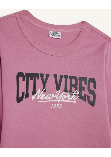 Kız Çocuk Slim Fit Dar Kesim Bisiklet Yaka Baskılı Fitilli Kaşkorse Uzun Kollu Tişört