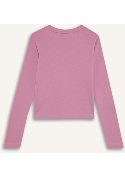 Kız Çocuk Slim Fit Dar Kesim Bisiklet Yaka Baskılı Fitilli Kaşkorse Uzun Kollu Tişört