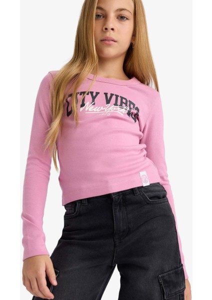 Kız Çocuk Slim Fit Dar Kesim Bisiklet Yaka Baskılı Fitilli Kaşkorse Uzun Kollu Tişört C7465A825AU