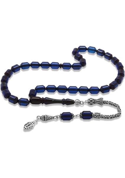 925 Ayar Gümüş Kral Püsküllü Uçlu Kapsül Kesim Lacivert Sıkma Kehribar Tesbih