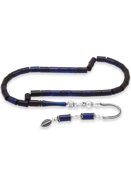 Sıkma Kehribar Tesbih - 925 Ayar Gümüş Püsküllü - Mini Boy - Mavi Siyah Renk - Kesme Kesim