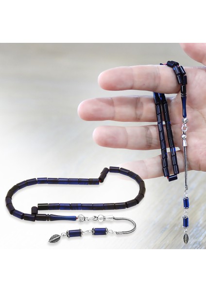 Sıkma Kehribar Tesbih - 925 Ayar Gümüş Püsküllü - Mini Boy - Mavi Siyah Renk - Kesme Kesim fiyatları