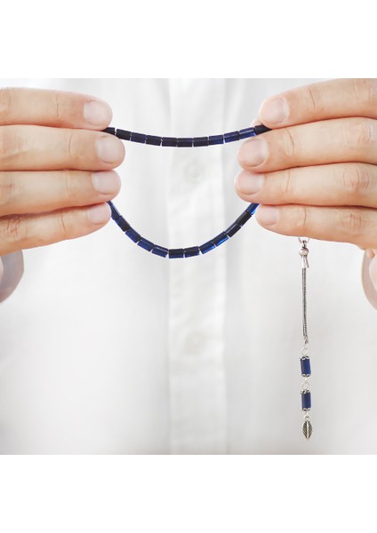 Sıkma Kehribar Tesbih - 925 Ayar Gümüş Püsküllü - Mini Boy - Mavi Siyah Renk - Kesme Kesim fırsatları