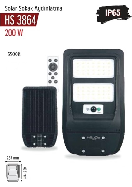 Hs 3864 200W Güneş Enerjili Solar Sokak Lambası Kumandalı/hareket Sensörlü/parlaklık ve Zaman Ayarlı