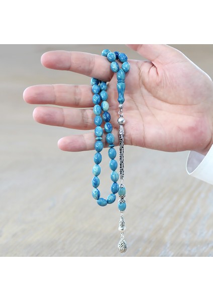 925 Ayar Gümüş Kral Zincir Püsküllü Arpa Kesim Turkuaz Mavi Sıkma Kehribar Tesbih modelleri