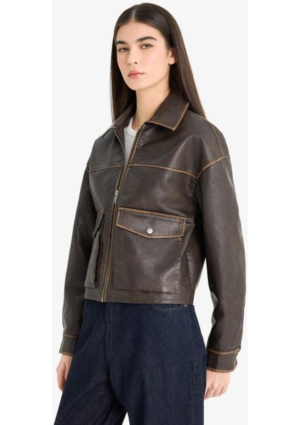 Relax Fit Polo Yaka Tafta Suni Deri Mont E8538AX25AU