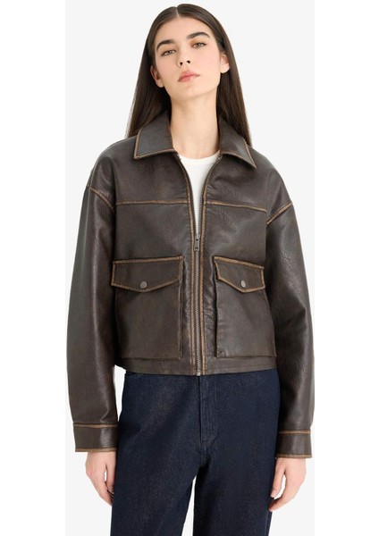 Relax Fit Polo Yaka Tafta Suni Deri Mont E8538AX25AU