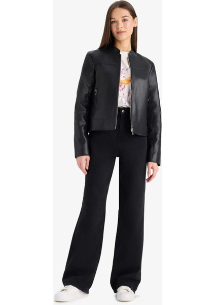 Regular Fit Suni Deri Fermuarlı Ceket Mont E8532AX25AU