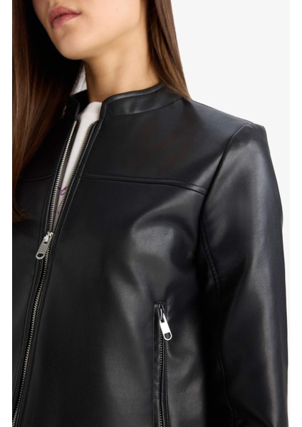 Regular Fit Suni Deri Fermuarlı Ceket Mont E8532AX25AU