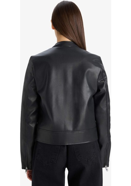 Regular Fit Suni Deri Fermuarlı Ceket Mont E8532AX25AU