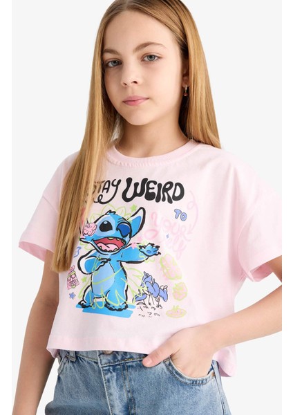 Kız Çocuk Disney Lilo & Stitch Bisiklet Yaka Kısa Kollu Tişört