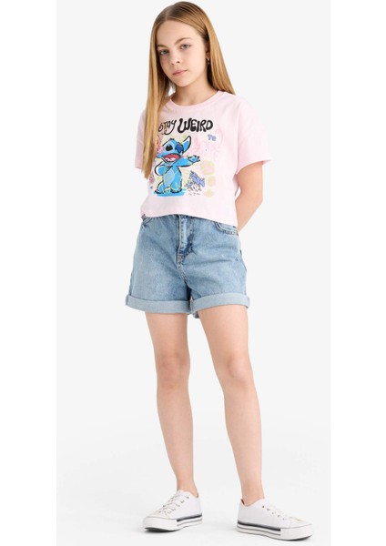 Kız Çocuk Disney Lilo & Stitch Bisiklet Yaka Kısa Kollu Tişört