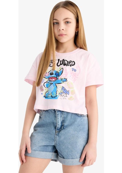 Kız Çocuk Disney Lilo & Stitch Bisiklet Yaka Kısa Kollu Tişört