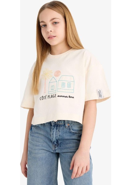 Kız Çocuk Boxy Fit Bisiklet Yaka Baskılı Kısa Kollu Tişört