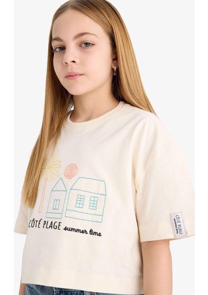 Kız Çocuk Boxy Fit Bisiklet Yaka Baskılı Kısa Kollu Tişört