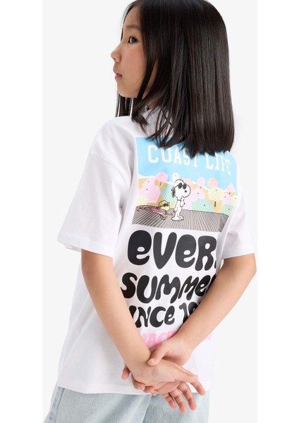 Kız Çocuk Snoopy Oversize Geniş Kalıp Bisiklet Yaka Sırt Baskılı Kısa Kollu Tişört