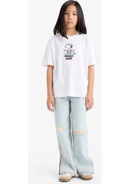 Kız Çocuk Snoopy Oversize Geniş Kalıp Bisiklet Yaka Sırt Baskılı Kısa Kollu Tişört