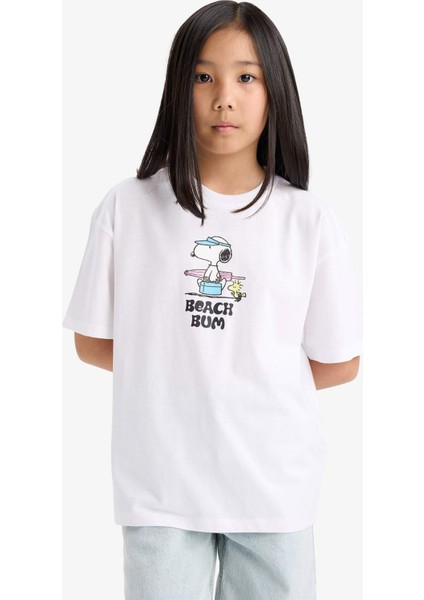 Kız Çocuk Snoopy Oversize Geniş Kalıp Bisiklet Yaka Sırt Baskılı Kısa Kollu Tişört