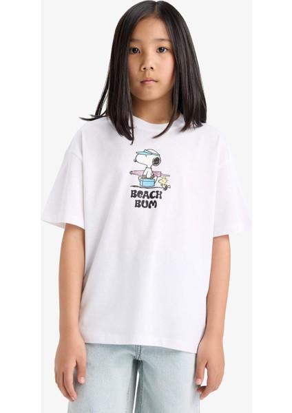 Kız Çocuk Snoopy Oversize Geniş Kalıp Bisiklet Yaka Sırt Baskılı Kısa Kollu Tişört