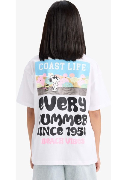 Kız Çocuk Snoopy Oversize Geniş Kalıp Bisiklet Yaka Sırt Baskılı Kısa Kollu Tişört