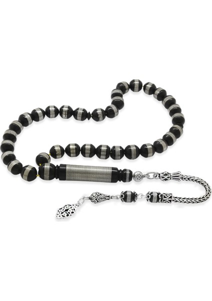 925 Ayar Gümüş Püsküllü Metal Sarmal Istanbul Kesim Siyah Kuka Tesbih