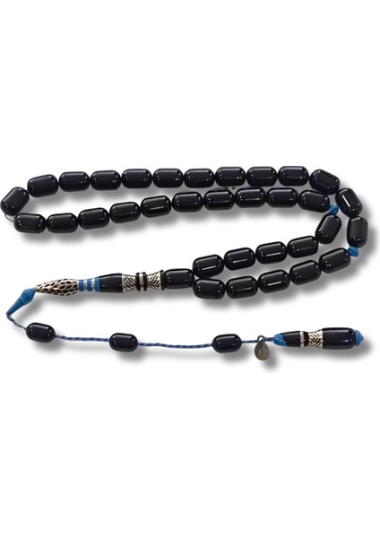 925 Ayar Gümüş Nakkaş Imameli Sistemli Oltu Taşı Tesbih Mavi Katalin Dolgulu Uçlu Kapsül Kesim