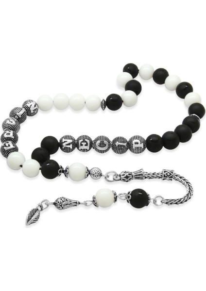 925 Ayar Gümüş Püskül Küre Kesim Isme Özel Siyah Beyaz Jade Oniks Doğaltaş Taraftar Tesbih