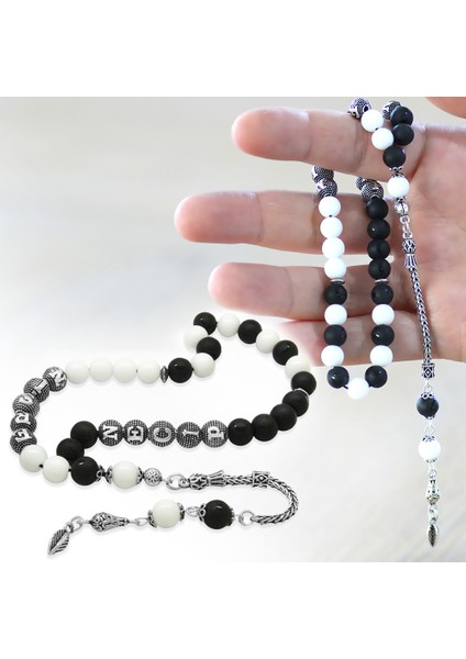 925 Ayar Gümüş Püskül Küre Kesim Isme Özel Siyah Beyaz Jade Oniks Doğaltaş Taraftar Tesbih fiyatları