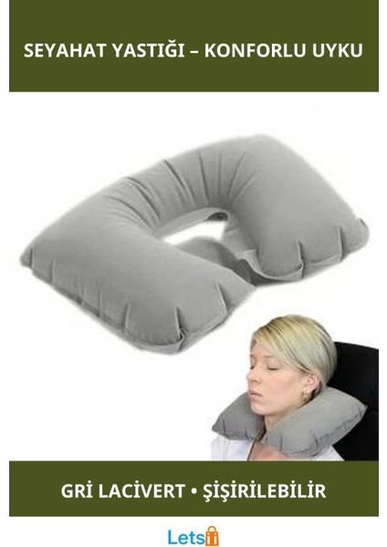 Şişme Seyahat Yastığı Gri Lacivert Konforlu Uçuş Yastığı