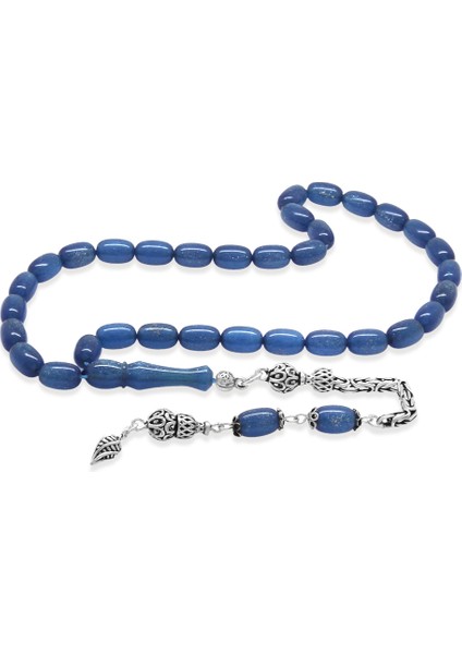 925 Ayar Gümüş Kral Zincir Püsküllü Özel Kesim Sedefli Mavi Sıkma Kehribar Tesbih