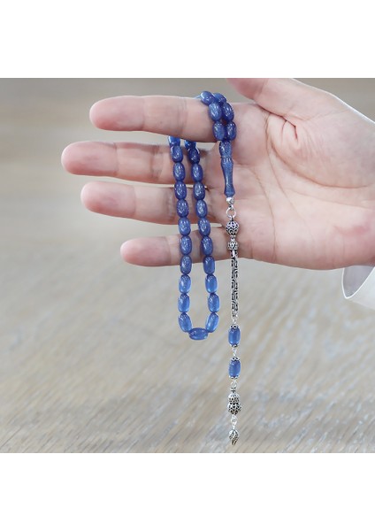 925 Ayar Gümüş Kral Zincir Püsküllü Özel Kesim Sedefli Mavi Sıkma Kehribar Tesbih modelleri