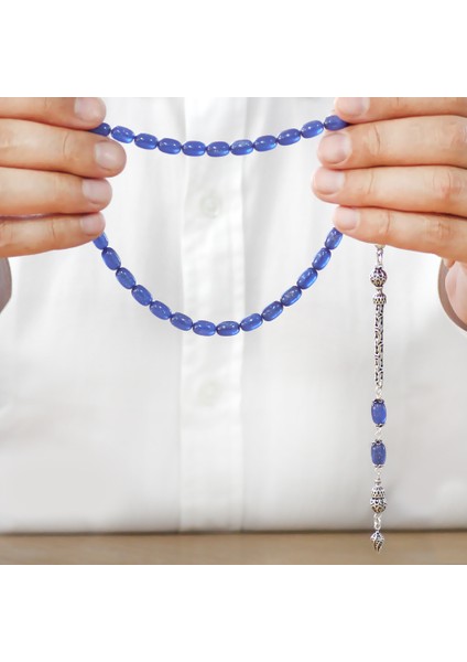 925 Ayar Gümüş Kral Zincir Püsküllü Özel Kesim Sedefli Mavi Sıkma Kehribar Tesbih fırsatları