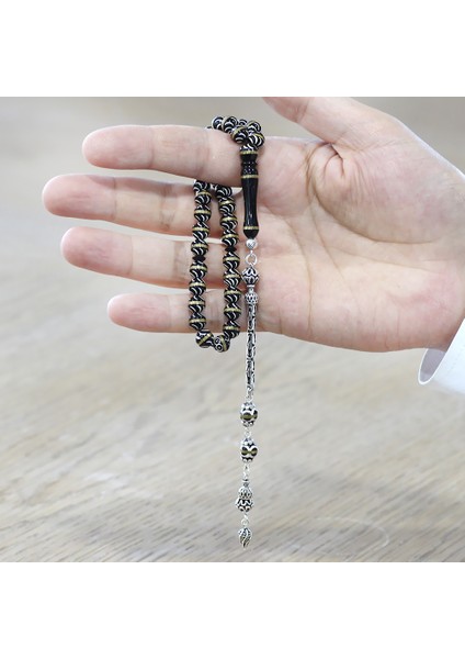 Kuka Tesbih - Siyah - 925 Ayar Gümüş Püsküllü - Pirinç Sarmal - Beyaz Mine Dolgulu - Istanbul Kesim modelleri