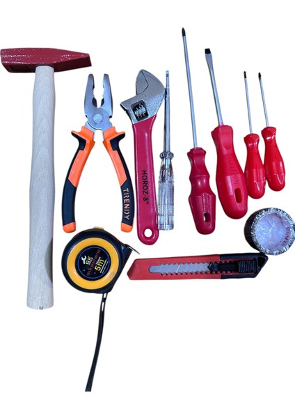 Çok Amaçlı 11 Parça El Aleti Seti – Çekiç, Tornavida, Pense, Kurbağacık, Metre, Maket Bıçağı ve Daha Fazlası