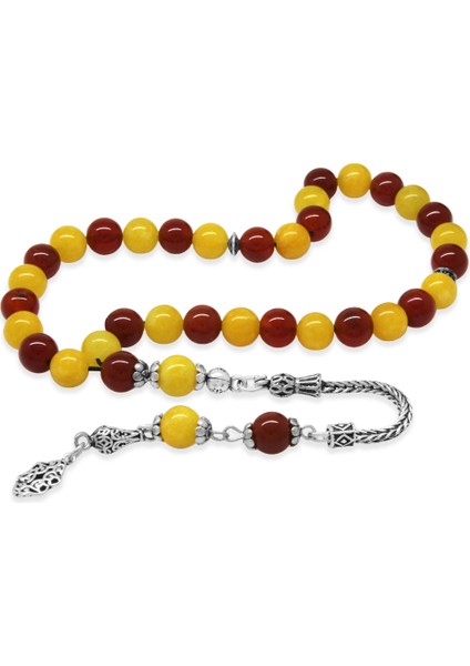 925 Ayar Gümüş Foxtail Zincir Püsküllü Küre Kesim Sarı Kırmızı Jade Akik Doğaltaş Taraftar Tesbih