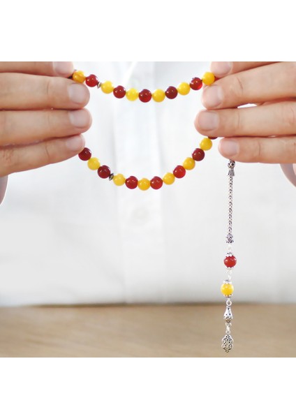 925 Ayar Gümüş Foxtail Zincir Püsküllü Küre Kesim Sarı Kırmızı Jade Akik Doğaltaş Taraftar Tesbih modelleri