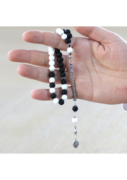 925 Ayar Gümüş Püsküllü Küre Kesim Siyah Beyaz Jade Oniks Doğaltaş Taraftar Tesbih fırsatları