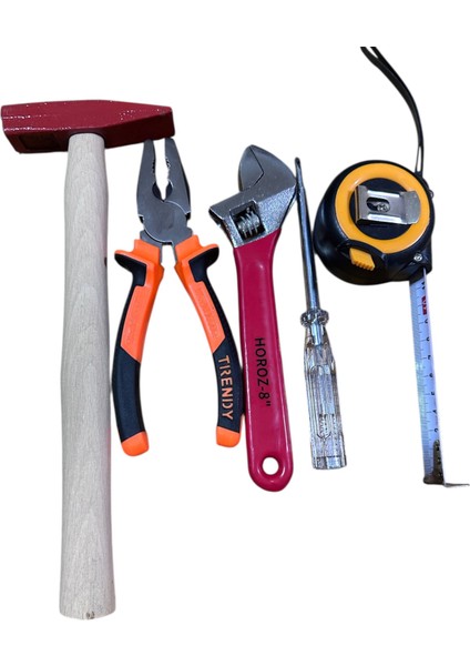 5’li El Aletleri Seti: Çekiç, Pense, Kurbağacık, Metre ve Kontrol Kalemi