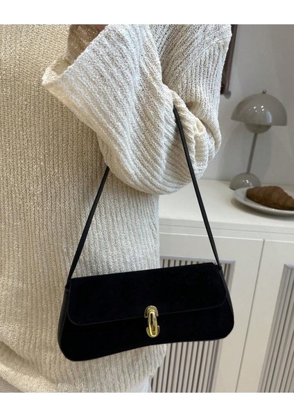 Noria Tek Omuz Askılı Süet Özel Kilit Sistemli Kadın Baget El Kol Omuz Çantası