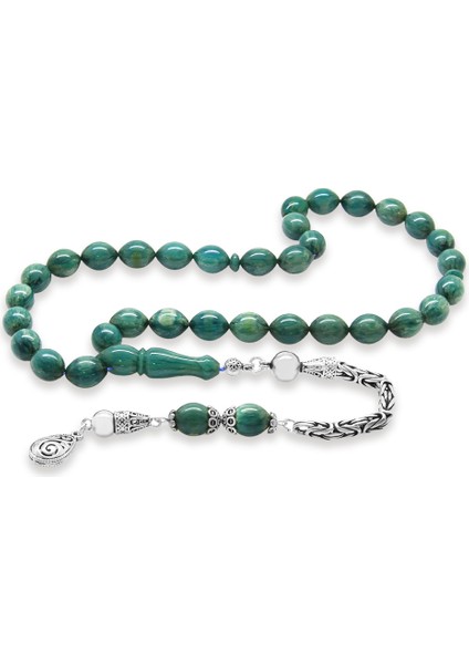 925 Ayar Gümüş Kral Zincir Püsküllü Arpa Kesim Turkuaz Beyaz Sıkma Kehribar Tesbih