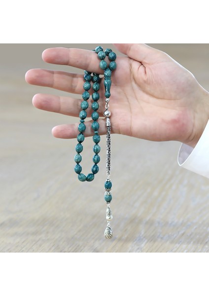 925 Ayar Gümüş Kral Zincir Püsküllü Arpa Kesim Turkuaz Beyaz Sıkma Kehribar Tesbih modelleri