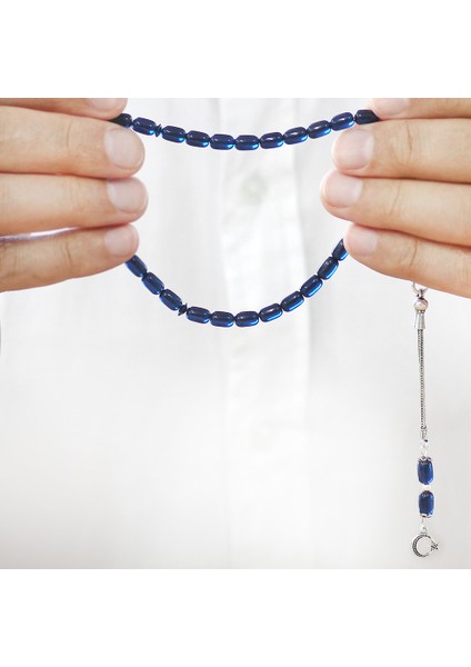 Sıkma Kehribar Tesbih - 925 Ayar Gümüş Püsküllü - Mini Boy - Lacivert Renk - Kapsül Kesim modelleri