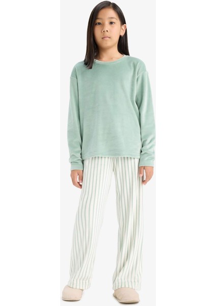 Kız Çocuk Pijama Takımı Uzun Kollu Üst Çizgili Uzun Alt