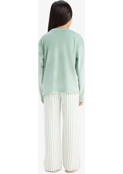 Kız Çocuk Pijama Takımı Uzun Kollu Üst Çizgili Uzun Alt