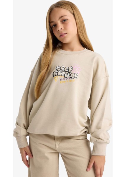 Kız Çocuk Oversize Geniş Kalıp Bisiklet Yaka Sırt Baskılı Sweatshirt