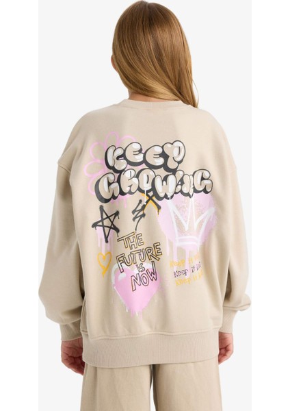 Kız Çocuk Oversize Geniş Kalıp Bisiklet Yaka Sırt Baskılı Sweatshirt