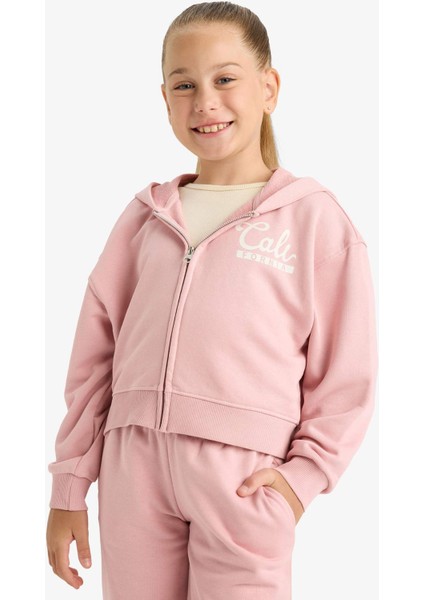 Kız Çocuk 2'li Takım Baskılı Kapüşonlu Fermuarlı Sweatshirt Eşofman Altı E6417A825AU