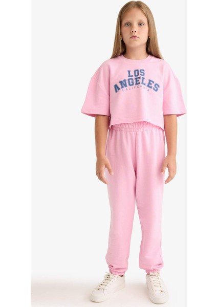 Kız Çocuk 2'li Takım Baskılı Kısa Kollu Tişört Beli Lastikli Eşofman Altı E6414A825AU