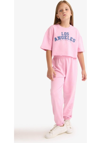 Kız Çocuk 2'li Takım Baskılı Kısa Kollu Tişört Beli Lastikli Eşofman Altı E6414A825AU